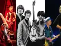 The Beatles i The Rolling Stones, dwa najsłynniejsze brytyjskie zespoły muzyczne, na kolażu zdjęć.