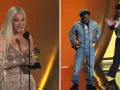 Kobieta z blond włosami i mężczyzna w dżinsowej kurtce odbierają nagrody. To moment z gali, gdzie ogłoszono nagrodę grammy: najlepsza piosenka roku.