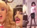Freddie Mercury w klipie "I Want to Break Free" Queen, w różowej bluzce i skórzanej spódniczce, z warkoczem i szminką.