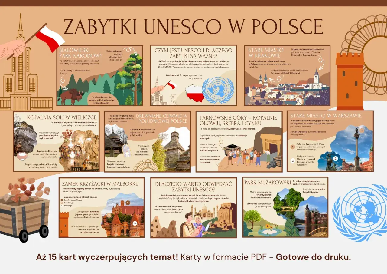 Odkryj obiekty UNESCO w Polsce: od Puszczy Białowieskiej po kopalnie w Wieliczce i Tarnowskich Górach. Poznaj historię Krakowa, Warszawy i Malborka.
