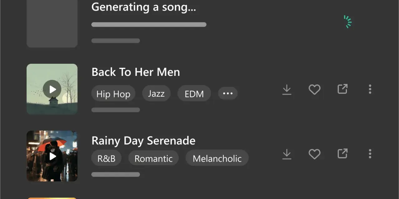 Generowanie piosenek, w tym "Rainy Day Serenade" i "Back To Her Men", idealnych do słuchania, gdy tęsknisz za kimś po angielsku.