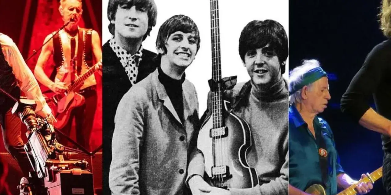 The Beatles i The Rolling Stones, dwa najsłynniejsze brytyjskie zespoły muzyczne, na kolażu zdjęć.