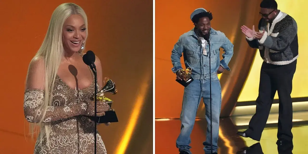 Kobieta z blond włosami i mężczyzna w dżinsowej kurtce odbierają nagrody. To moment z gali, gdzie ogłoszono nagrodę grammy: najlepsza piosenka roku.