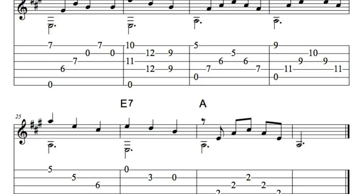 Tabulatura gitarowa z akordami E7 i A, idealna do nauki harcerskie piosenki chwyty.