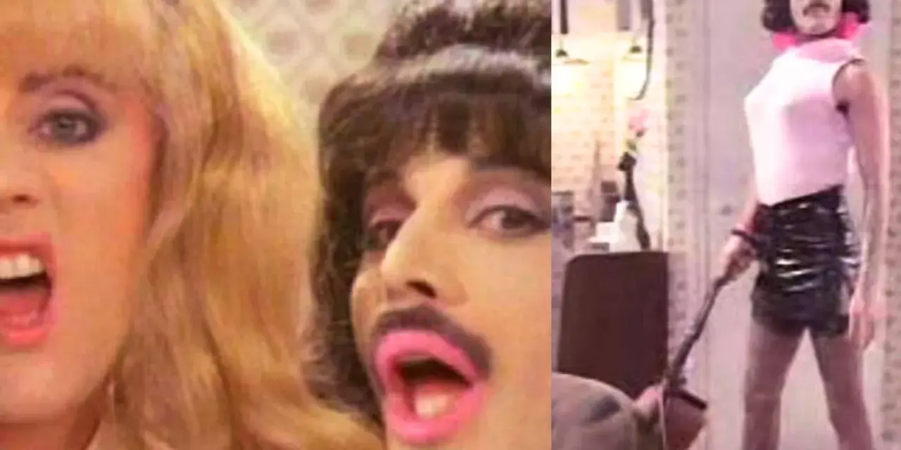 Freddie Mercury w klipie "I Want to Break Free" Queen, w różowej bluzce i skórzanej spódniczce, z warkoczem i szminką.