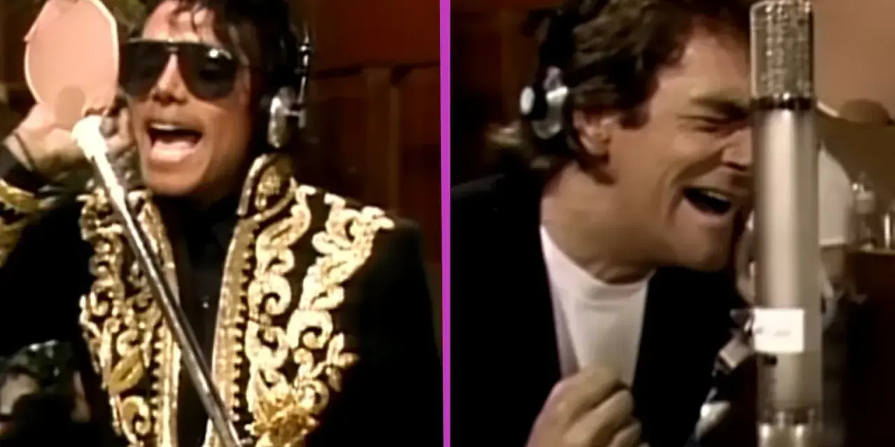 Michael Jackson i Lionel Richie śpiewają w studiu nagraniowym, tworząc razem "We are the world".