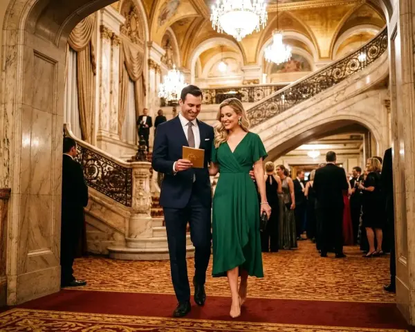 Elegancka para wchodzi na galowy wieczór. Czy to filharmonia? Wspaniałe wnętrze, schody i kryształowe żyrandole sugerują uroczystość.