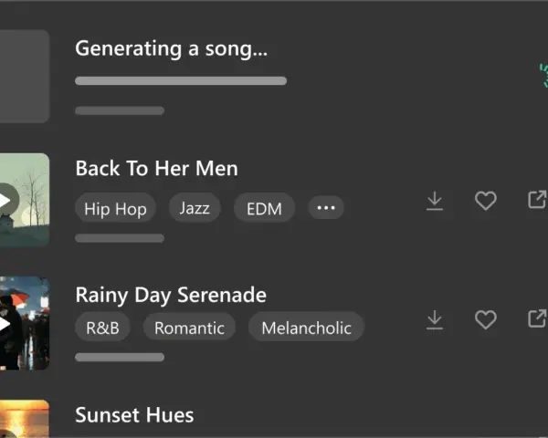 Generowanie piosenek, w tym "Rainy Day Serenade" i "Back To Her Men", idealnych do słuchania, gdy tęsknisz za kimś po angielsku.