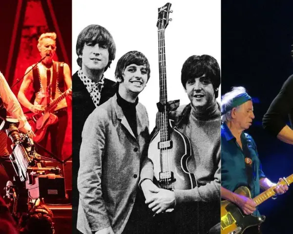 The Beatles i The Rolling Stones, dwa najsłynniejsze brytyjskie zespoły muzyczne, na kolażu zdjęć.