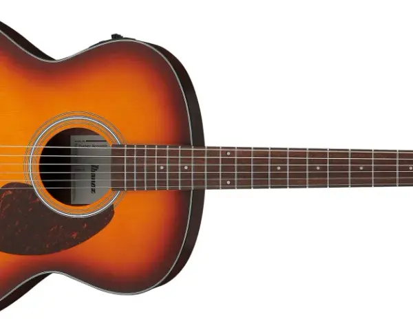 Gitara akustyczna Ibanez z wykończeniem sunburst. Brzmienie tej gitary jest czyste i naturalne, co to znaczy akustyczny.