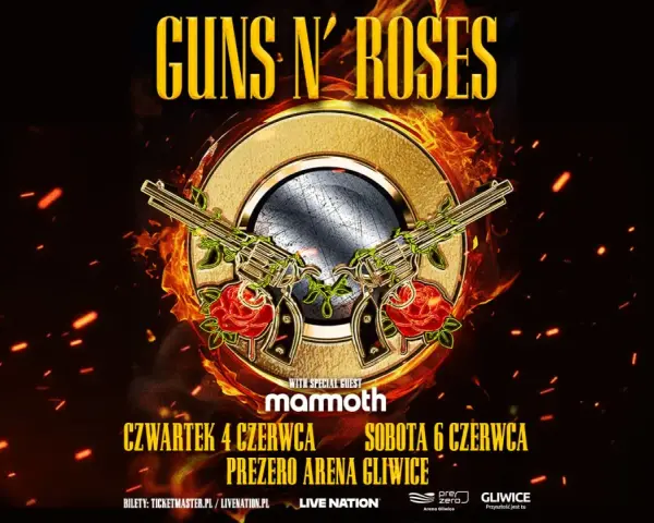 Plakat zapowiadający koncerty Guns N' Roses w Prezero Arena Gliwice 4 i 6 czerwca.