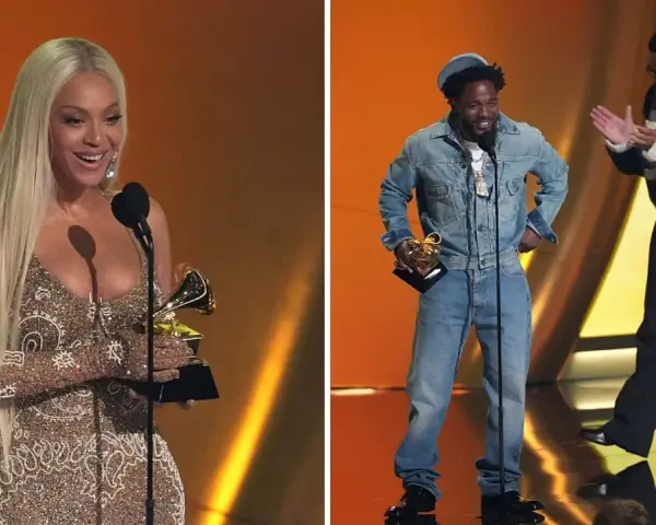 Kobieta z blond włosami i mężczyzna w dżinsowej kurtce odbierają nagrody. To moment z gali, gdzie ogłoszono nagrodę grammy: najlepsza piosenka roku.