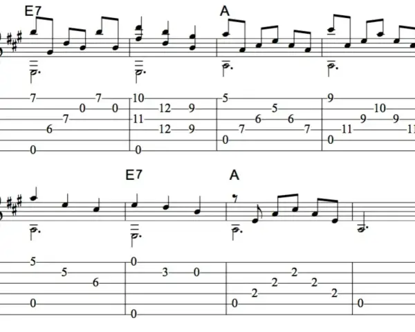 Tabulatura gitarowa z akordami E7 i A, idealna do nauki harcerskie piosenki chwyty.