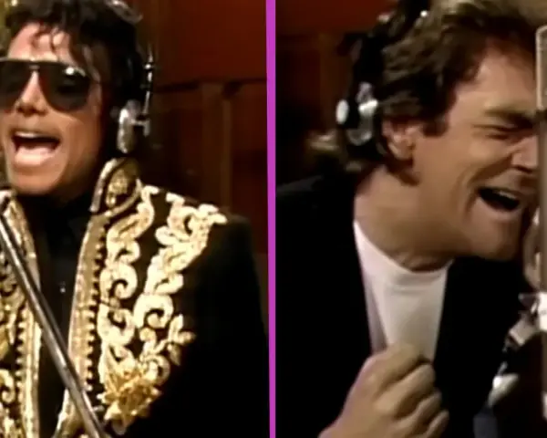 Michael Jackson i Lionel Richie śpiewają w studiu nagraniowym, tworząc razem "We are the world".