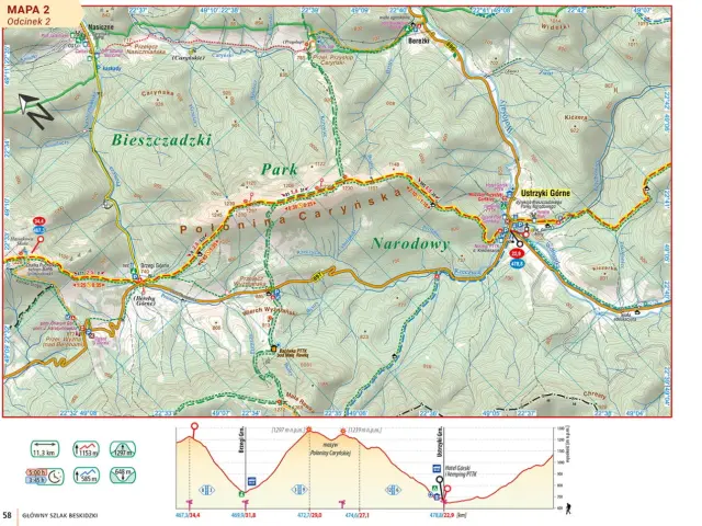 Mapa szlaku GSB: Połonina Caryńska, Bieszczadzki Park Narodowy, Ustrzyki Górne.