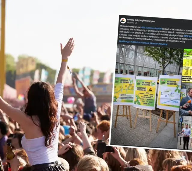 Tłum ludzi na festiwalu, w tle scena i namioty. Informacja o Łódź Summer Festival 2026 i dodatkowych połączeniach.