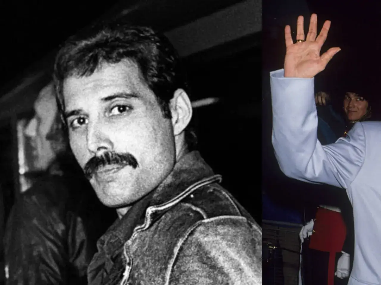 Freddie Mercury przed śmiercią, z charakterystycznym wąsem i w kurtce. Obok dłoń w geście pozdrowienia.