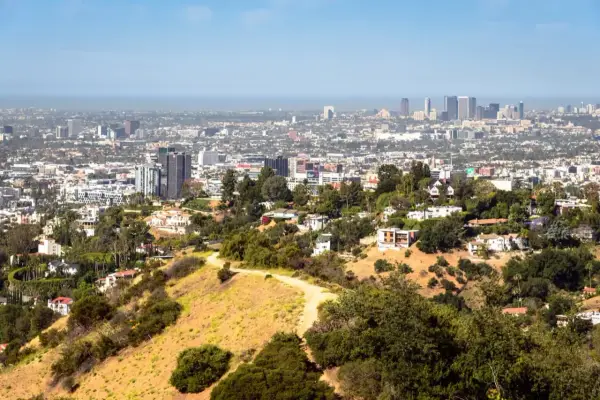 Widok na Los Angeles, miasto śmierci, z wzgórz porośniętych suchą trawą i drzewami. W oddali widać drapacze chmur.