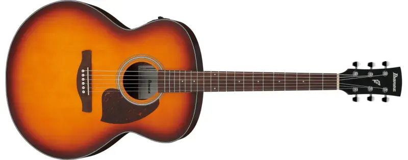 Gitara akustyczna Ibanez z wykończeniem sunburst. Brzmienie tej gitary jest czyste i naturalne, co to znaczy akustyczny.